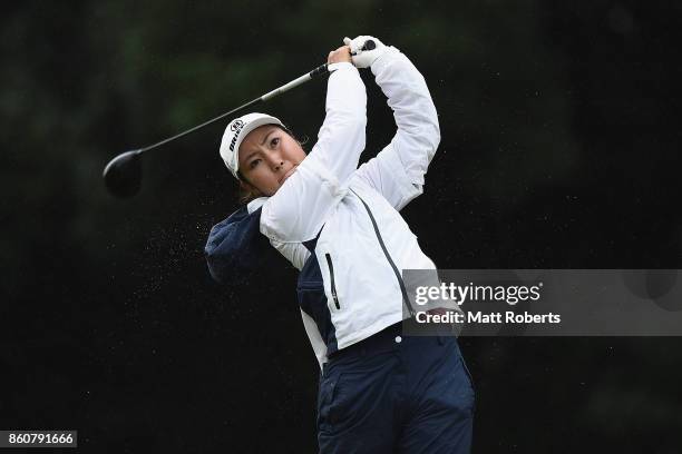 Sarina Kobayashi of Japan hits her tee shot on the 3rd hole during the first round of the Fujitsu Ladies 2017 at the Tokyu Seven Hundred Club on...