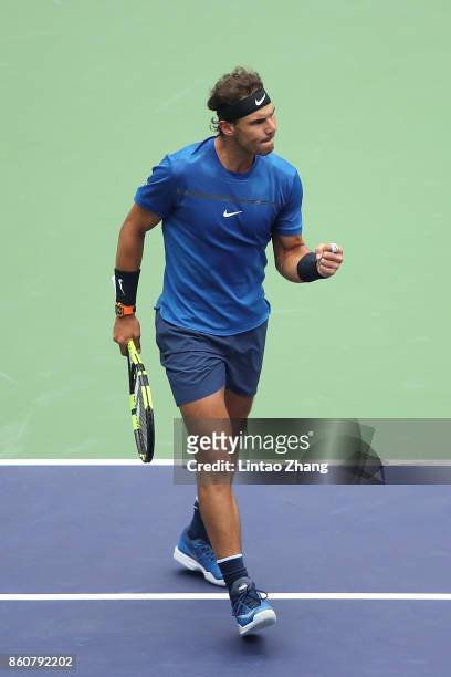 Rafael Nadal of Spain celebrates a point during Men's singles quarter final mach against Grigor Dimitrov of Bulgaria on day six of 2017 ATP Shanghai...