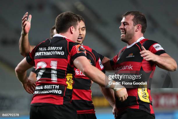 Jack Stratton of Canterbury scores a try during the round nine Mitre 10 Cup match between Auckland and Canterbury at Eden Park on October 13, 2017 in...