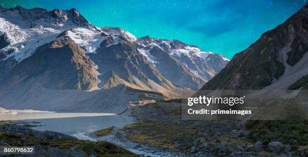 mount cook and lake matheson new zealand with milky way - lake matheson new zealand stock pictures, royalty-free photos & images