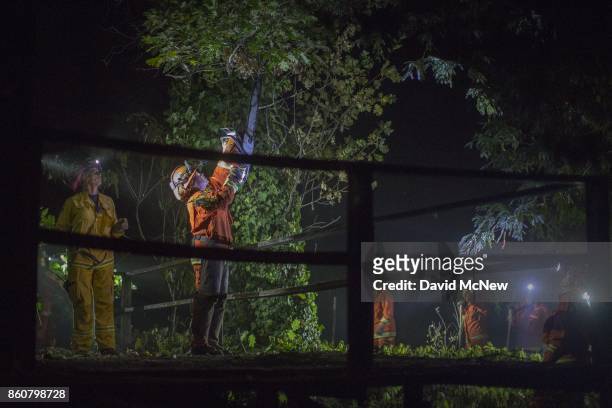 The Puerta la Cruz female inmate firefighter crew clears vegetation near homes in Dry Creek Canyon to try to save them as the Partrick Fire...