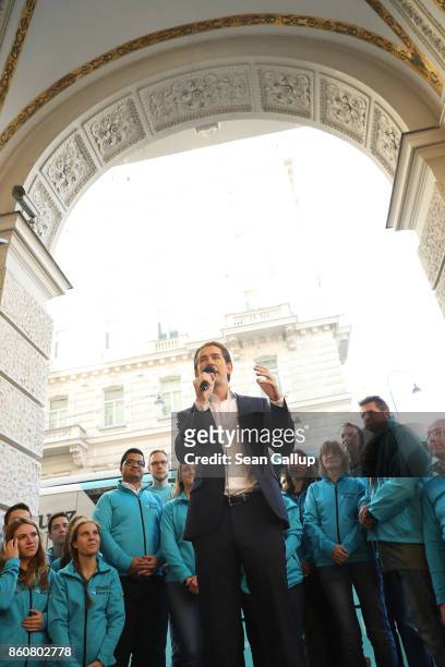 Sebastian Kurz, Austrian Foreign Minister and leader of the conservative Austrian People's Party , speaks to supporters outside OeVP headquarters on...