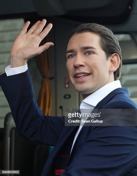 Sebastian Kurz, Austrian Foreign Minister and leader of the conservative Austrian People's Party , waves after speaking to supporters outside OeVP...