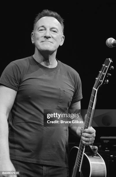 Bruce Springsteen takes his opening night bow in "Springsteen on Broadway" on Broadway at The Walter Kerr Theatre on October 12, 2017 in New York...