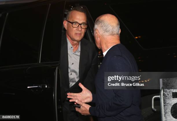 Tom Hanks and David Geffen at the opening night arrivals for "Springsteen on Broadway" at The Walter Kerr Theatre on October 12, 2017 in New York...