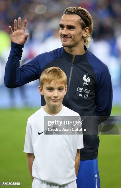 Antoine Griezmann of France looks on before the FIFA 2018 World Cup Qualifier between France and Belarus at Stade de France on October 10, 2017 in...