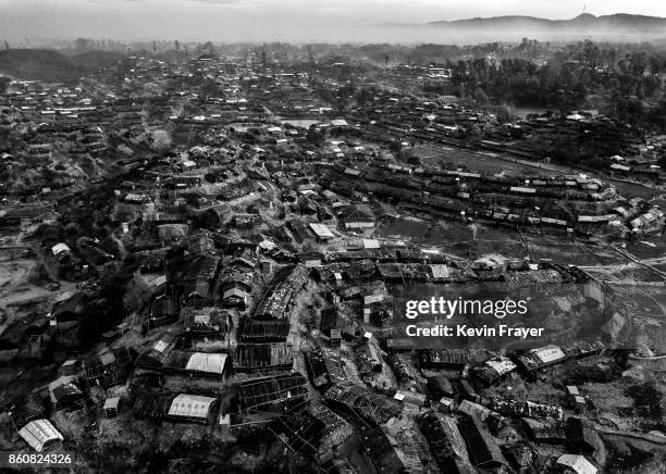 Makeshift shelters are seen at the sprawling Balukali Rohingya refuge camp on October 2, 2017 in Cox's Bazar, Bangladesh. More than half a million...