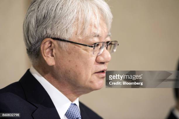 Hiroya Kawasaki, president and chief executive officer of Kobe Steel Ltd., speaks during a news conference in Tokyo, Japan, Friday, Oct. 13, 2017....