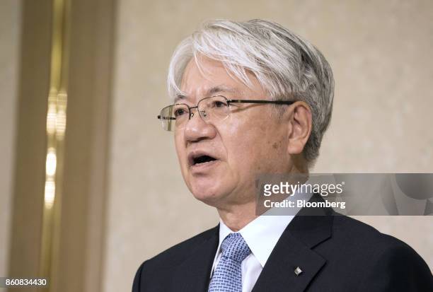 Hiroya Kawasaki, president and chief executive officer of Kobe Steel Ltd., speaks during a news conference in Tokyo, Japan, Friday, Oct. 13, 2017....