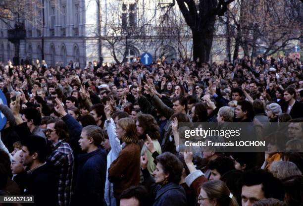 Doigts en signe de victoire lors de la manifestation de soutien au syndicat Sollidarnosc le 10 novembre 1982 à Varsovie, Pologne.