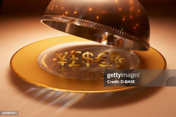 currency sign standing in the silver dome. - domed tray photos et images de collection