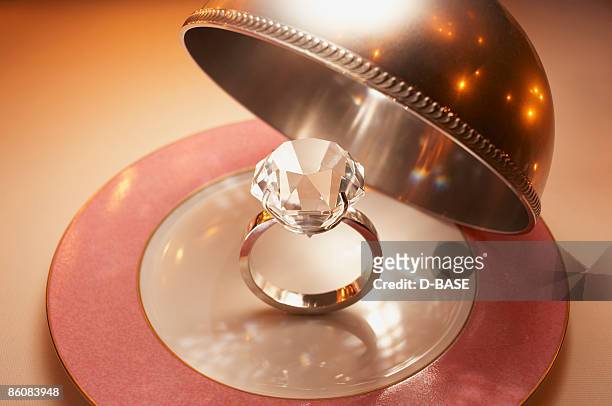 a big diamond ring in the silver dome. - domed tray photos et images de collection