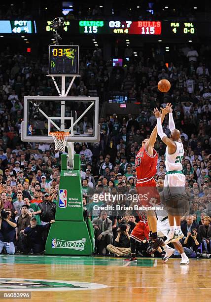 Ray Allen of the Boston Celtics takes the game winning shot against Joakim Noah of the Chicago Bulls in Game Two of the Eastern Conference...