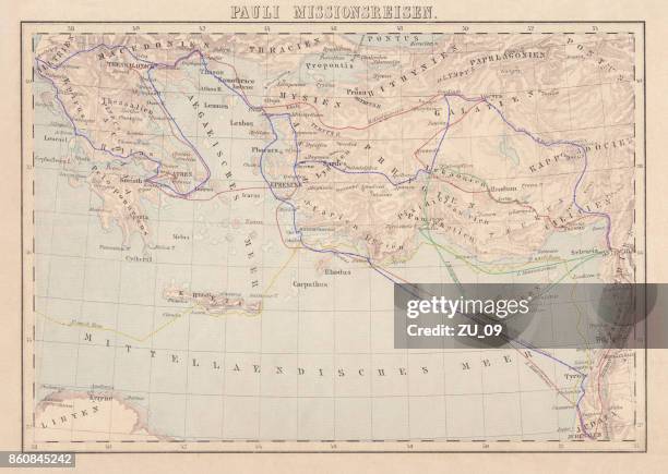 apostle paul's missionary journeys, lithograph, published in 1886 - st paul stock illustrations