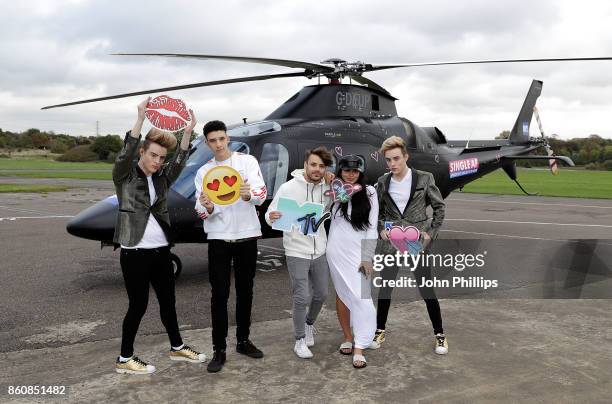 Jedward Elliot Crawford, Casey Johnson and Marnie Simpson during the MTV 'Single AF' Photocall at Elstree Studios on October 13, 2017 in Borehamwood,...