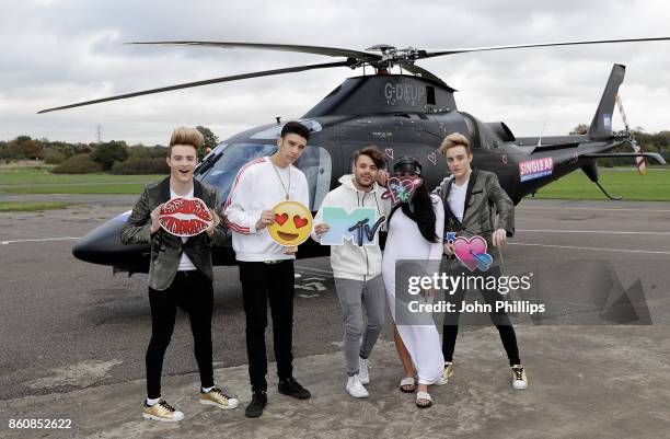 Jedward Elliot Crawford, Casey Johnson and Marnie Simpson during the MTV 'Single AF' Photocall at Elstree Studios on October 13, 2017 in Borehamwood,...