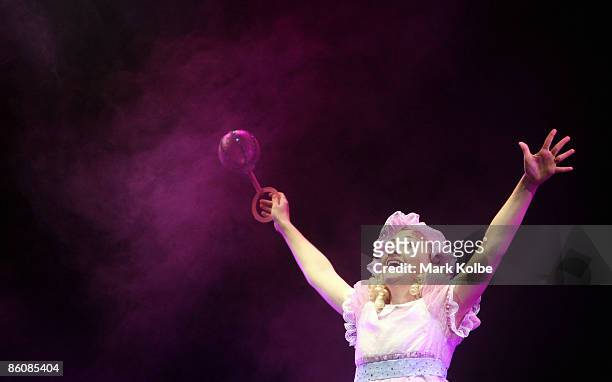 Performer Kate Miller Heidke who plays Baby Jane sings during the "Jerry Springer: The Opera" photocall at the Sydney Opera House in Sydney,...