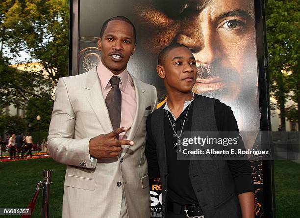 Actor Jamie Foxx and actor Justin Martin arrive at the premiere of Dreamworks Pictures' "The Soloist" held at the Paramount Studios Theater on April...