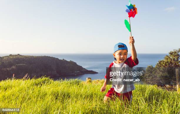 mixed race kid with pinwheel in hand enjoying outdoor hike. - hongi imagens e fotografias de stock