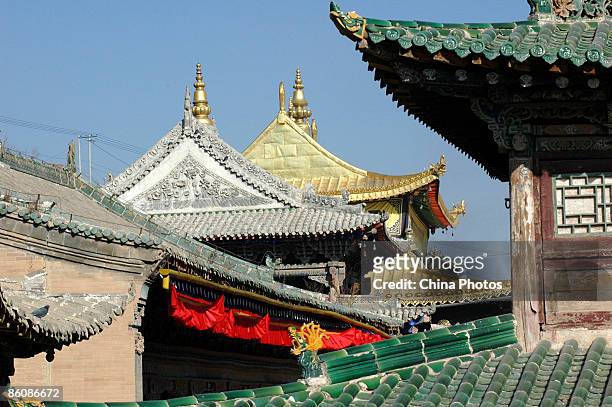 View of the Grand Golden Tiled Hall is seen at the Kumbum Monastery on December 4, 2004 in Huangzhong County of Qinghai Province, China. Kumbum...