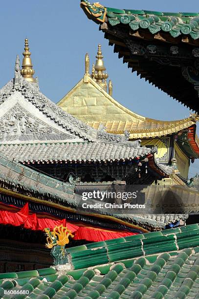 View of the Grand Golden Tiled Hall is seen at the Kumbum Monastery on December 4, 2004 in Huangzhong County of Qinghai Province, China. Kumbum...