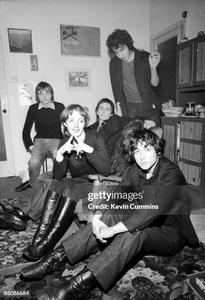 English rock group The Fall, 12th December 1977. Left to right: Mark E. Smith, Una Baines, Martin Bramah, Karl Burns and Tony Friel .