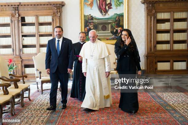 Pope Francis receives Lebanon Prime Minister Saad Hariri and his wife Lara Bashir El Alzem in a private audience at the Apostolic Palace on October...