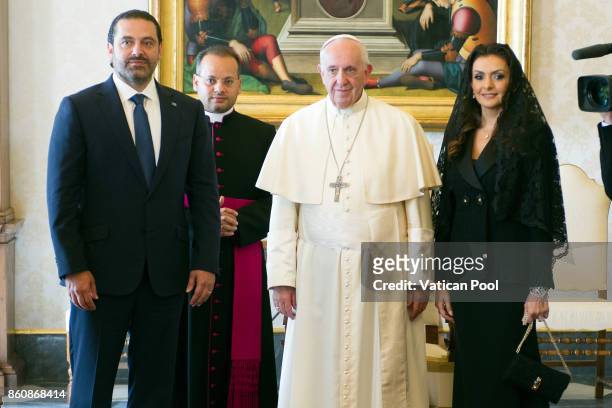 Pope Francis receives Lebanon Prime Minister Saad Hariri and his wife Lara Bashir El Alzem in a private audience at the Apostolic Palace on October...