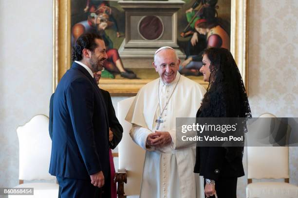 Pope Francis receives Lebanon Prime Minister Saad Hariri and his wife Lara Bashir El Alzem in a private audience at the Apostolic Palace on October...