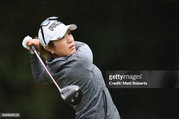 Asako Fujimoto of Japan hits her tee shot on the 2nd hole during the first round of the Fujitsu Ladies 2017 at the Tokyu Seven Hundred Club on...
