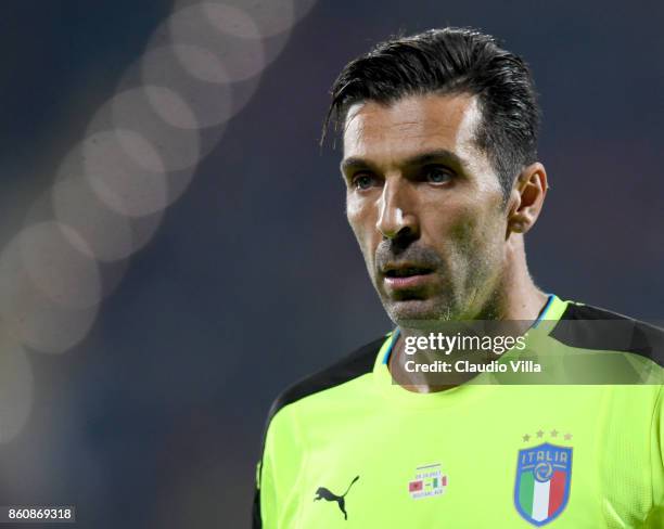 Gianluigi Buffon of Italy looks on during the FIFA 2018 World Cup Qualifier between Albania and Italy at Loro Borici Stadium on October 9, 2017 in...