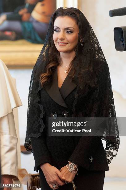Lara Bashir El Alzem, wife of Lebanon Prime Minister Saad Hariri attends a private audience with Pope Francis at the Apostolic Palace on October 13,...
