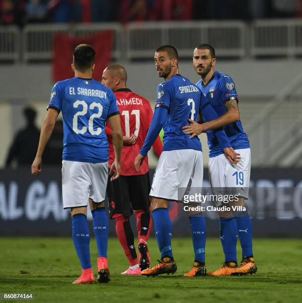 Leonardo Spinazzola of Italy looks on during the FIFA 2018 World Cup Qualifier between Albania and Italy at Loro Borici Stadium on October 9, 2017 in...