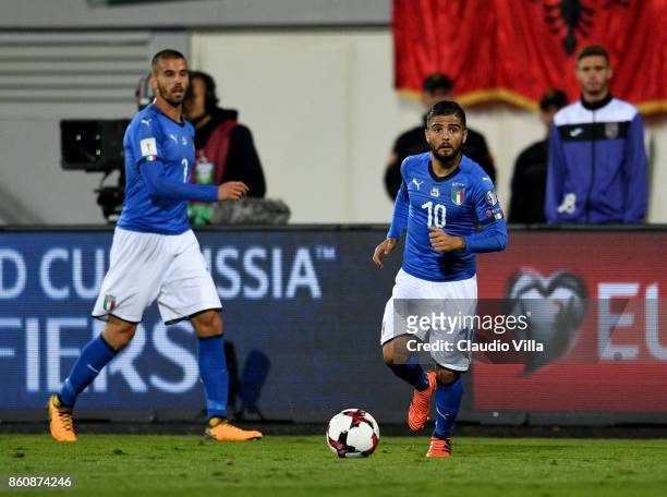 Lorenzo Insigne of Italy in action during the FIFA 2018 World Cup Qualifier between Albania and Italy at Loro Borici Stadium on October 9, 2017 in...