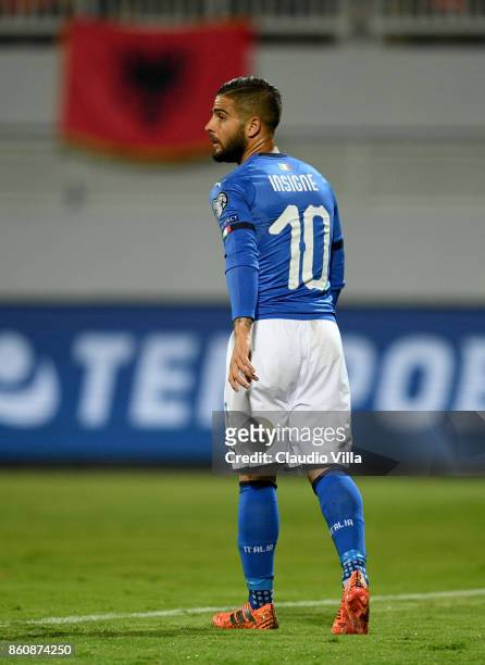 Lorenzo Insigne of Italy looks on during the FIFA 2018 World Cup Qualifier between Albania and Italy at Loro Borici Stadium on October 9, 2017 in...
