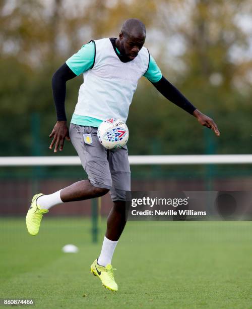 Chris Samba of Aston Villa in action during a training session at the club's training ground at Bodymoor Heath on October 13, 2017 in Birmingham,...