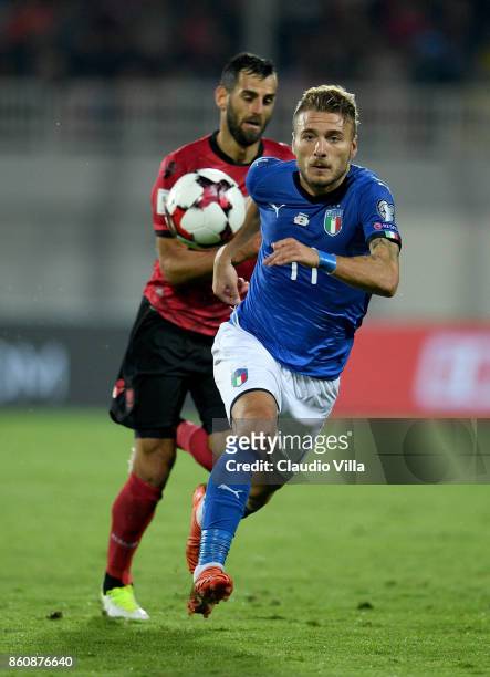 Ciro Immobile of Italy in action during the FIFA 2018 World Cup Qualifier between Albania and Italy at Loro Borici Stadium on October 9, 2017 in...