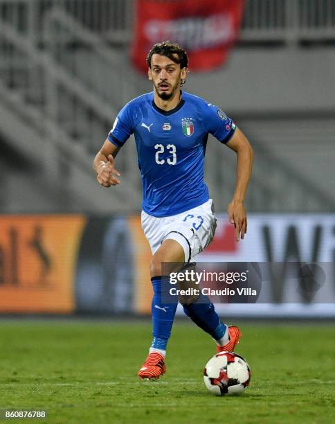 Manolo Gabbiadini of Italy in action during the FIFA 2018 World Cup Qualifier between Albania and Italy at Loro Borici Stadium on October 9, 2017 in...