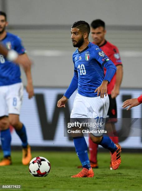 Lorenzo Insigne of Italy in action during the FIFA 2018 World Cup Qualifier between Albania and Italy at Loro Borici Stadium on October 9, 2017 in...