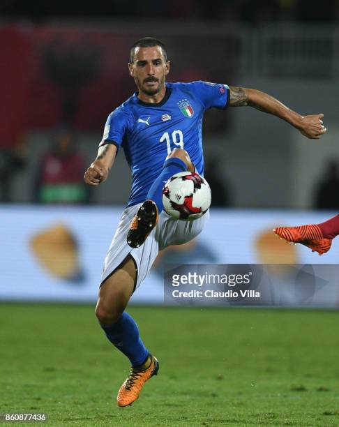 Leonardo Bonucci of Italy in action during the FIFA 2018 World Cup Qualifier between Albania and Italy at Loro Borici Stadium on October 9, 2017 in...