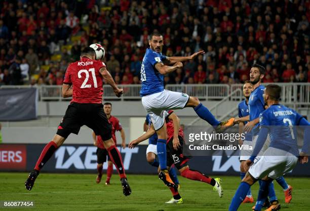 Leonardo Bonucci of Italy in action during the FIFA 2018 World Cup Qualifier between Albania and Italy at Loro Borici Stadium on October 9, 2017 in...