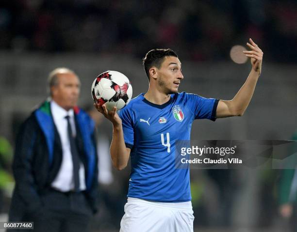 Matteo Darmian of Italy reacts during the FIFA 2018 World Cup Qualifier between Albania and Italy at Loro Borici Stadium on October 9, 2017 in...