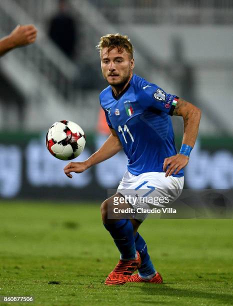 Ciro Immobile of Italy in action during the FIFA 2018 World Cup Qualifier between Albania and Italy at Loro Borici Stadium on October 9, 2017 in...