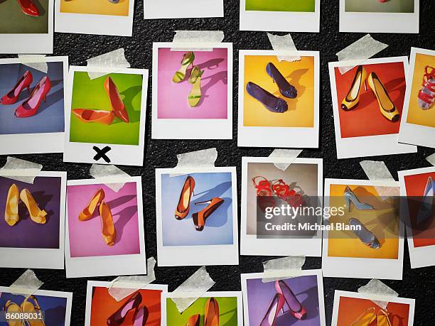 polaroids of shoes taped to wall - fashion concept stock pictures, royalty-free photos & images