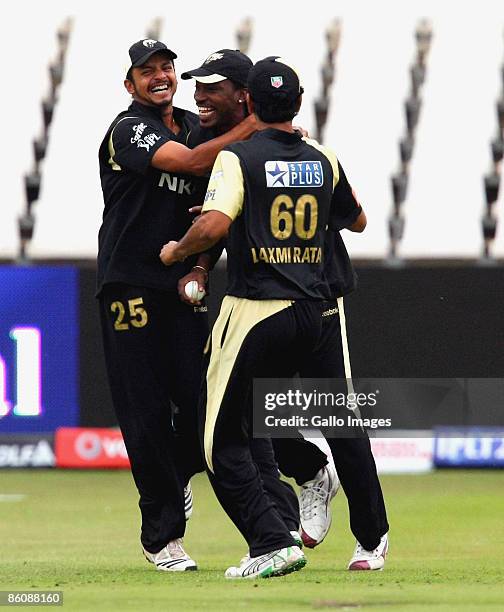 Murali Karthik celebrates the wicket of Karan Goel. Chris Gayleduring the IPL T20 match between Kings XI Punjab v Kolkata Knight Riders at Sahara...