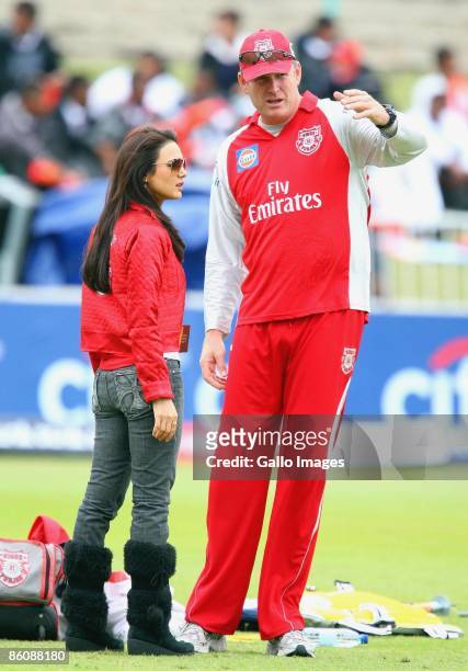 Bollywood star Preity Zinta chats to Tom Moody during the IPL T20 match between Kings XI Punjab v Kolkata Knight Riders at Sahara Park on April 21,...