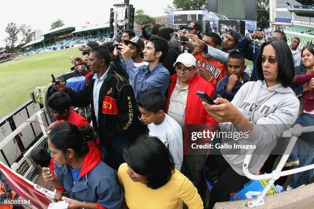 Fans wait to take photos of Preity Zinta during the IPL T20 match between Kings XI Punjab v Kolkata Knight Riders at Sahara Park on April 21, 2009 in...