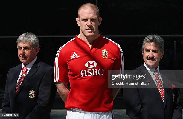 Team coach Ian McGeechan and team manager Gerald Davies with Paul O'Connell of Ireland after he was named captain of the squad during the press...