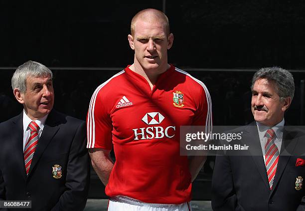 Team coach Ian McGeechan and team manager Gerald Davies with Paul O'Connell of Ireland after he was named captain of the squad during the press...