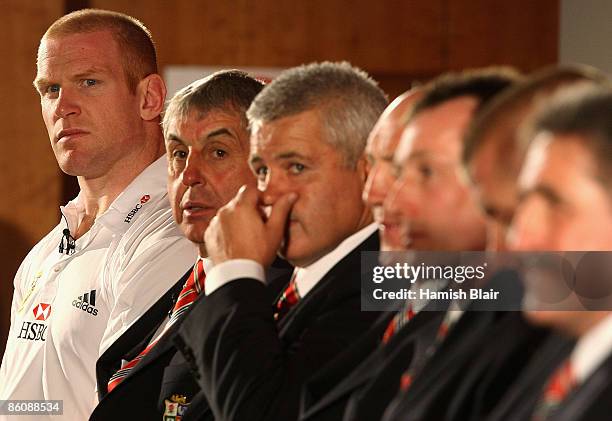 Paul O'Connell of Ireland sits with the coaching and management staff after being named captain of the squad during the press conference to announce...